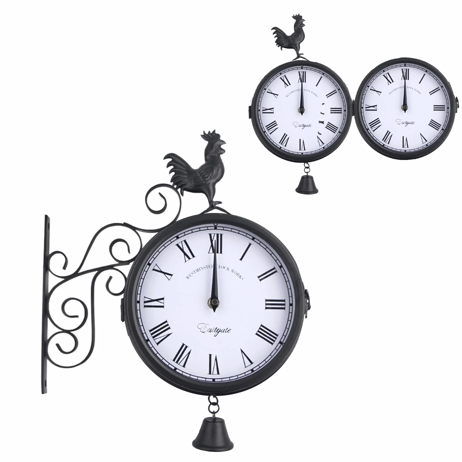 Horloge de jardin - Horloge de gare - Montre Résistante aux intempéries - Design double face - Étanche - 20 cm - Rétro - Avec support mural - Pour jardin, couloir, véranda, gare - Noir