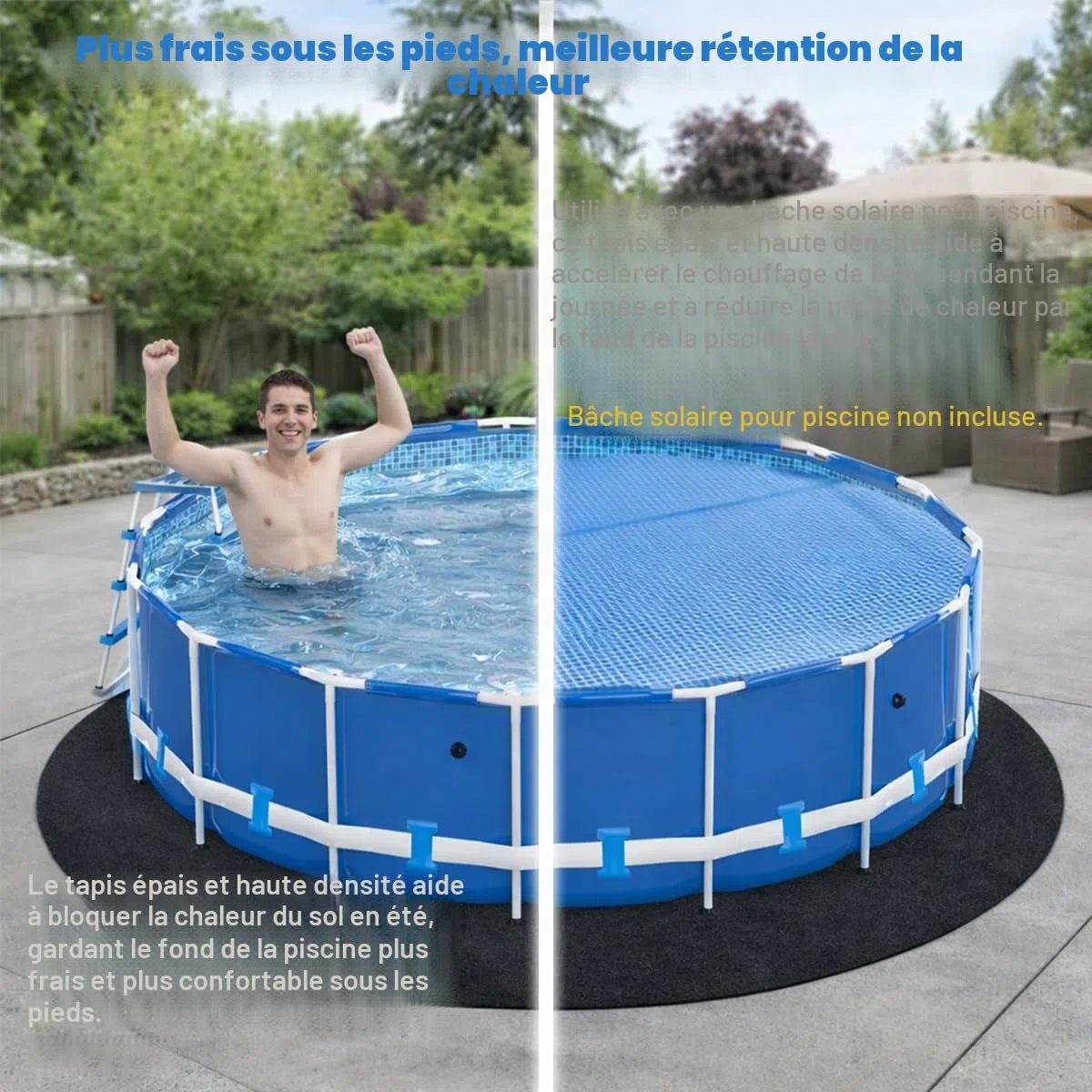 Tapis de piscine épais pour piscine hors sol, tapis rond de 4,6 m pour fond de piscine, confort sans couture, double densité, résistant aux perforations, noir