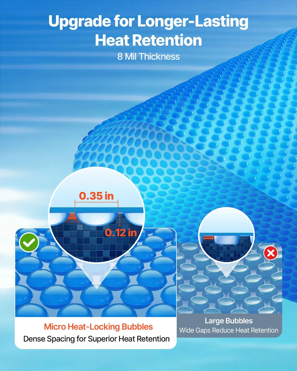 VEVOR Bâche Solaire Piscine Ronde 10 m Couverture Solaire Piscine 0,2 mm Bâche à Bulles en Polyéthylène PE pour Piscines Hors Sol Creusées, Absorption de Chaleur Jour et Rétention Chaleur Nuit, Bleu