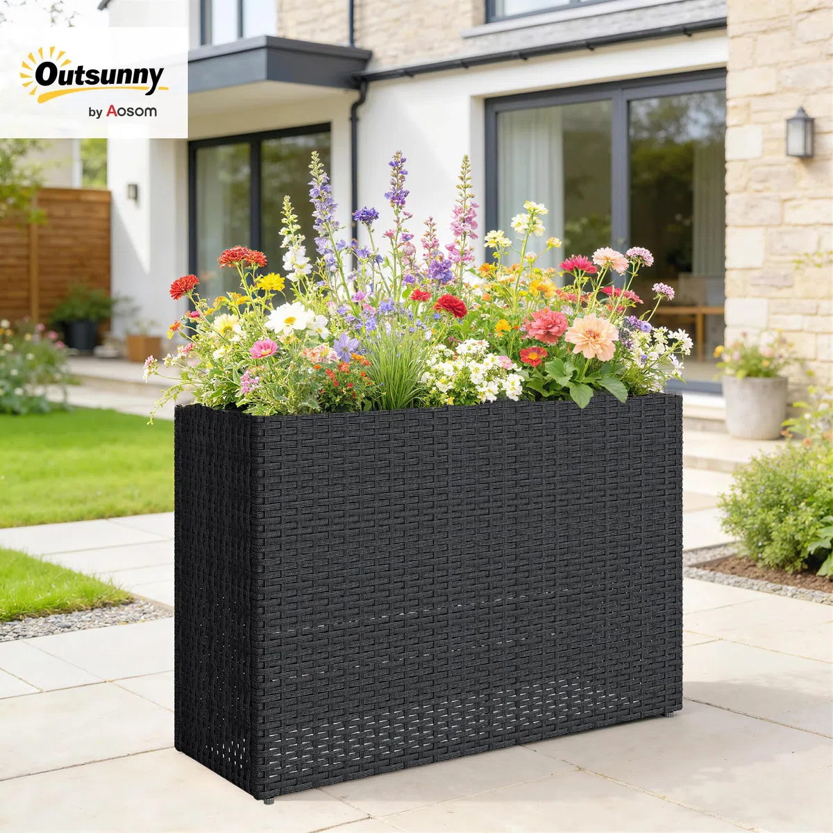 Outsunny Jardinière surélevée en résine tressée, support de fleurs avec bac amovible et pieds réglables, cadre en acier, pour fleurs et légumes dans patio, balcon, terrasse, noir