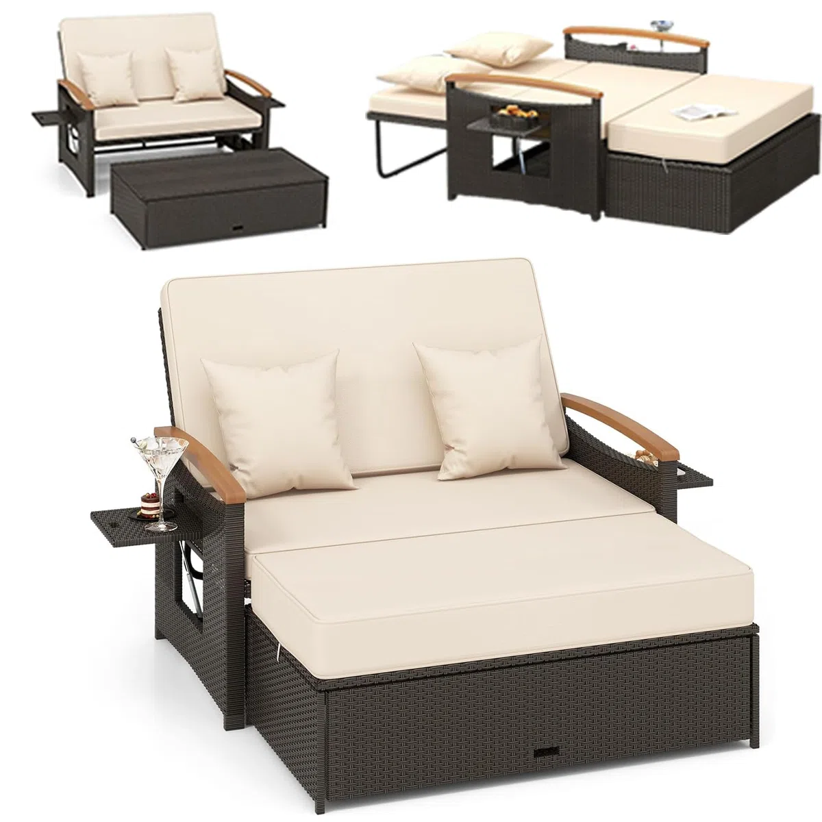 GYMAX 4-en-1 Canapé-Lit de Jardin, Table Basse, Ottoman, Coussins Oreillers Confortables, Dossier Réglable à 4 Niveaux, Salon de Jardin Exterieur en Rotin 2 Personnes, pour Patio, Terrasse, Piscine