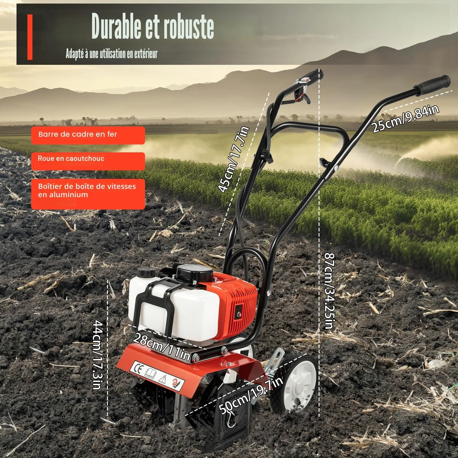 Motoculteur à essence 52CC 2 temps avec 4 lames en acier, largeur de travail de 35 cm, roues réglables en hauteur pour creuser et enlever les mauvaises herbes