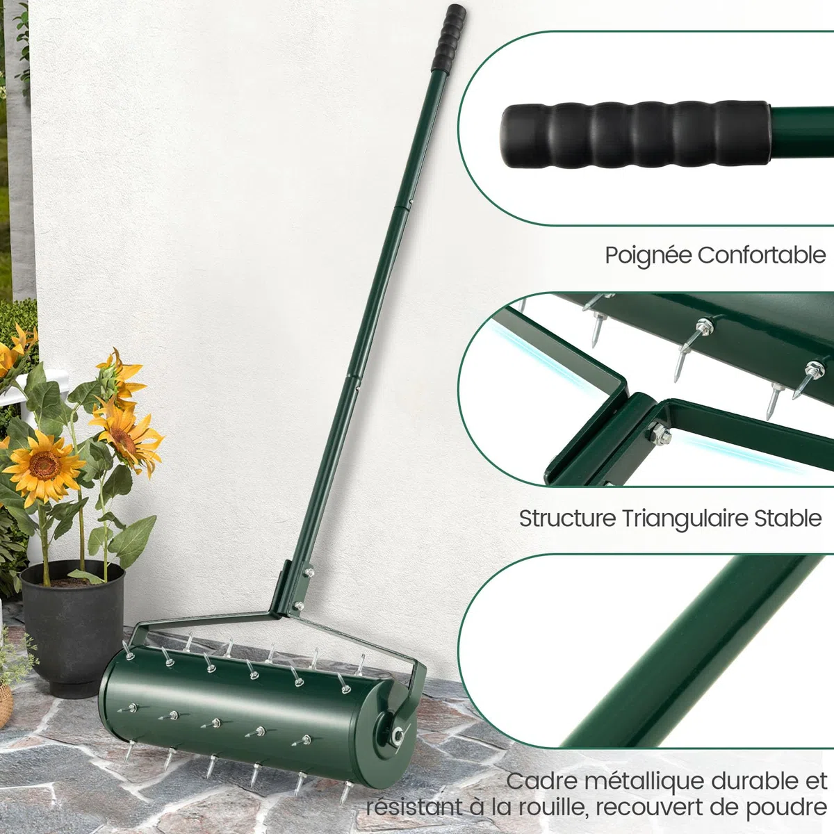 RELAX4LIFE Scarificateur Gazon Manuel 53CM avec Poignée &Rouleau à Pointes Rotatives, Rouleau Aérateur Gazon de Pelouse en Métal pour Jardin Cour Patio (6.8L | 53x130CM, Vert)