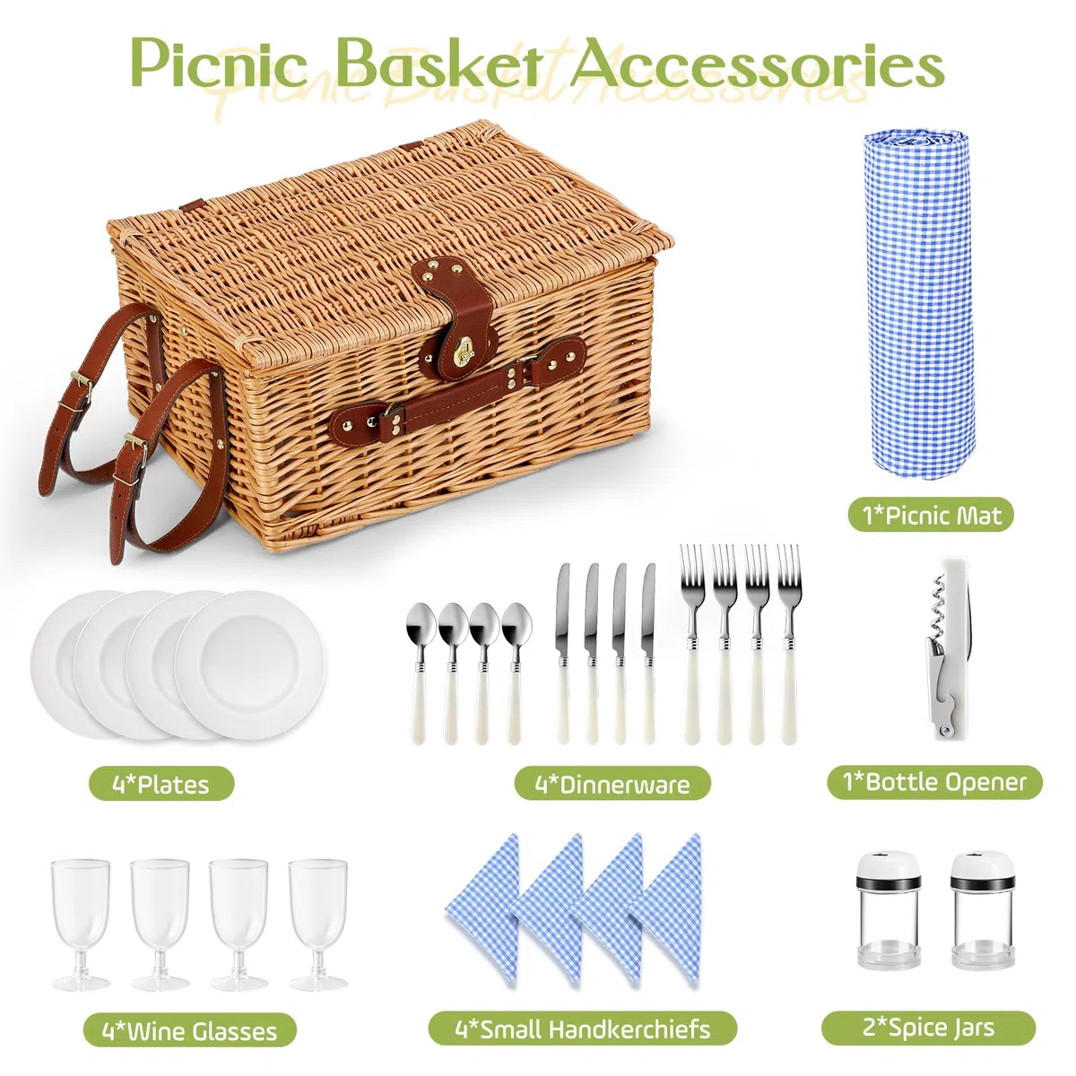 Panier de pique-nique pour 4 personnes, fait à la main, avec couverture de pique-nique, 4 ensembles d'ustensiles, couverts parfaits pour les pique-niques