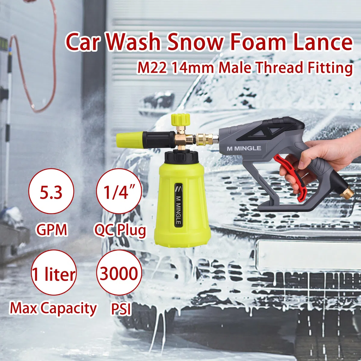 M MINGLE Pistolet Nettoyeur Haute Pression avec Canon à Mousse 1 L, 280 Bar | Lance à Mousse avec Raccord Rapide 1/4", Kit de Canon à Mousse pour Lavage Voiture Auto avec 5 Buses et Adaptateur M22