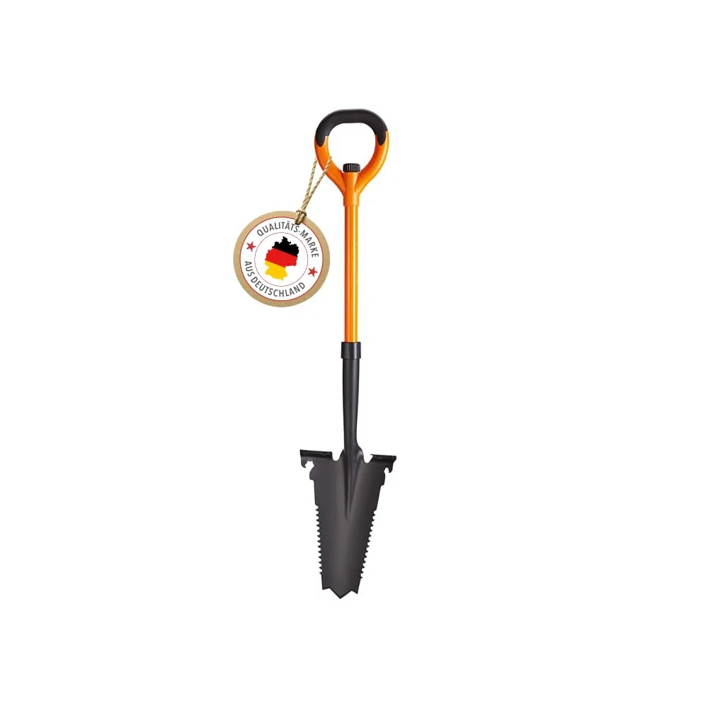 Bêche à scie à racines - Pointe acier carbone tranchante - Manche fibre de verre - Clé plate et décapsuleur intégrés - 114 cm - Démontable - Orange et noir