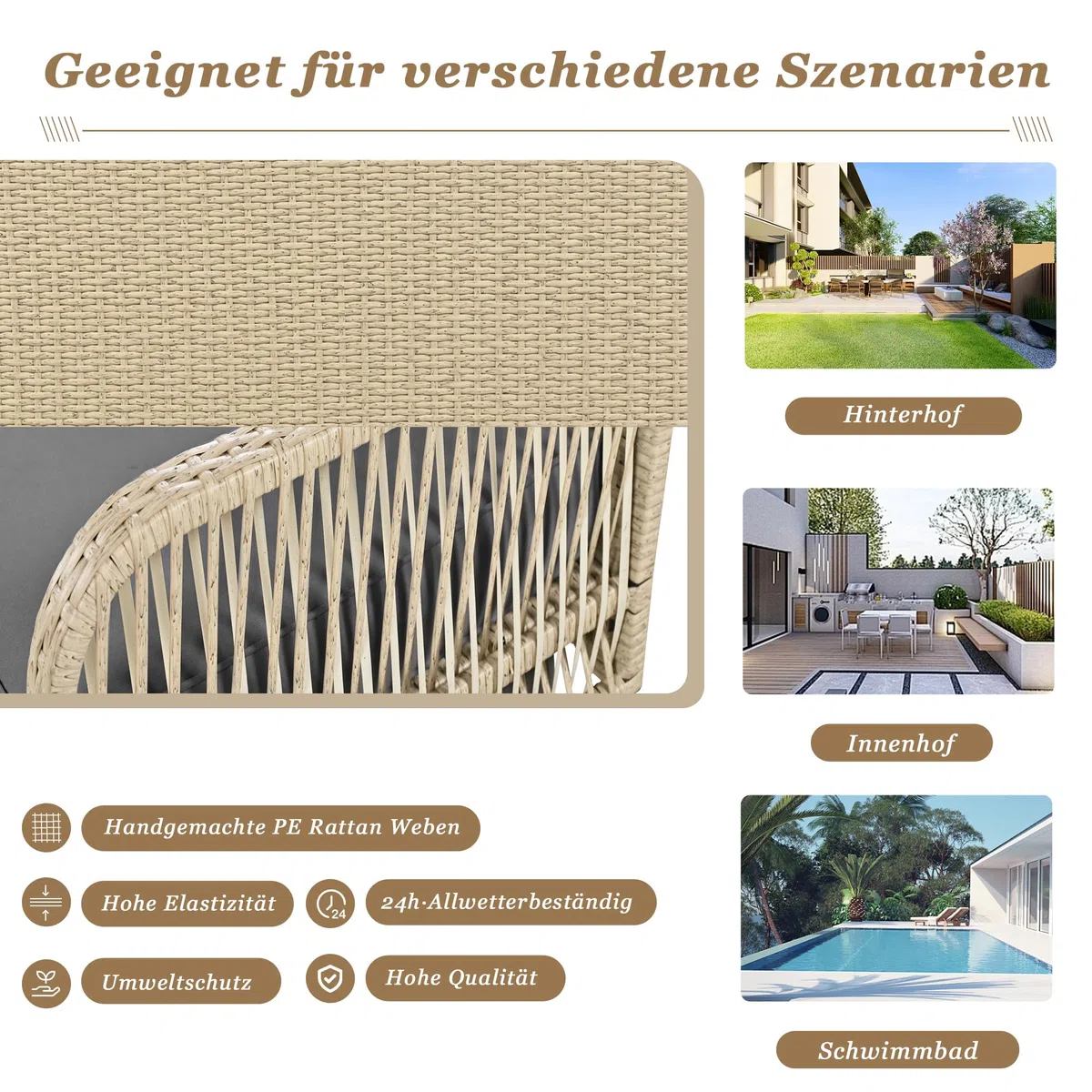 BTM Balancelle de Jardin 2 Places avec Coussins Gris Amovibles, Balançoire Suspendue de Jardin en Rotin, Balançoire Hollywoodienne avec 2 Chaînes en Métal, Chaise hamac Suspendue, Beige