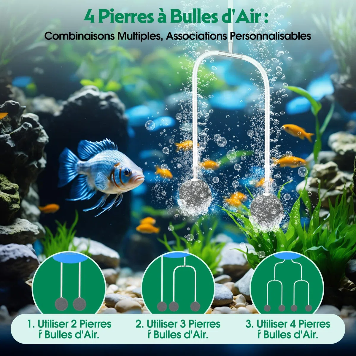 AMZtime 8 W Pompe à oxygène à Double Pompe, Pompe à oxygène Solaire avec Batterie, 3 Modes et 4 Pierres à Bulles, adaptée aux bassins de Jardin, à la pêche et à la Culture hydroponique