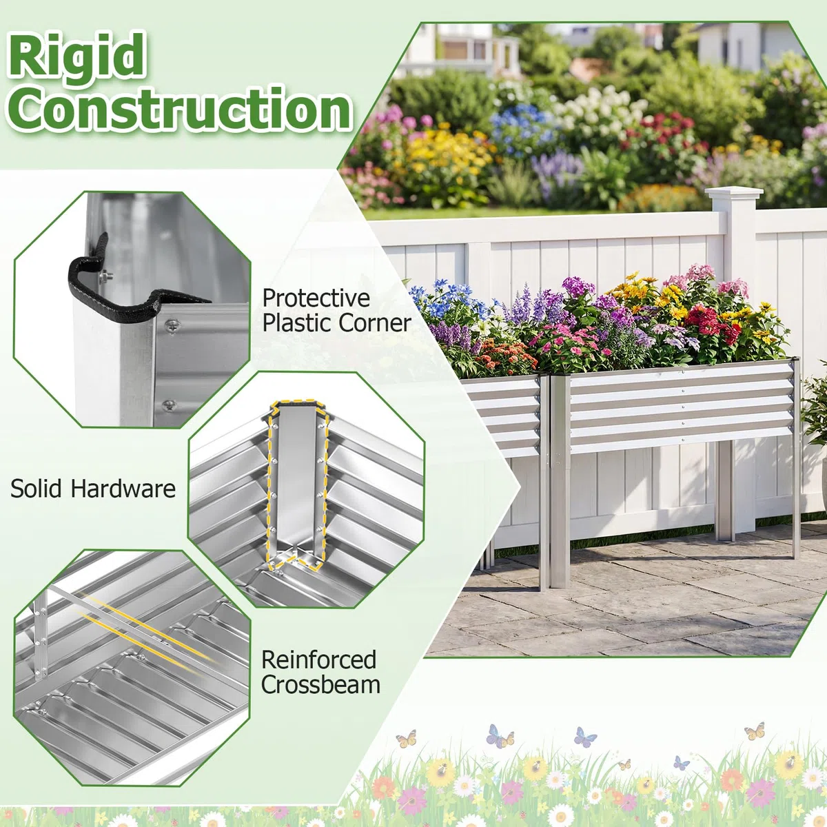 FANTASK Jardinière surélevée en métal - 118 x 60 x 77,5 cm - avec système de Drainage jusqu'à 50 kg - pour légumes, Fruits, Fleurs, Herbes, Balcon, Jardin, terrasse - Argenté