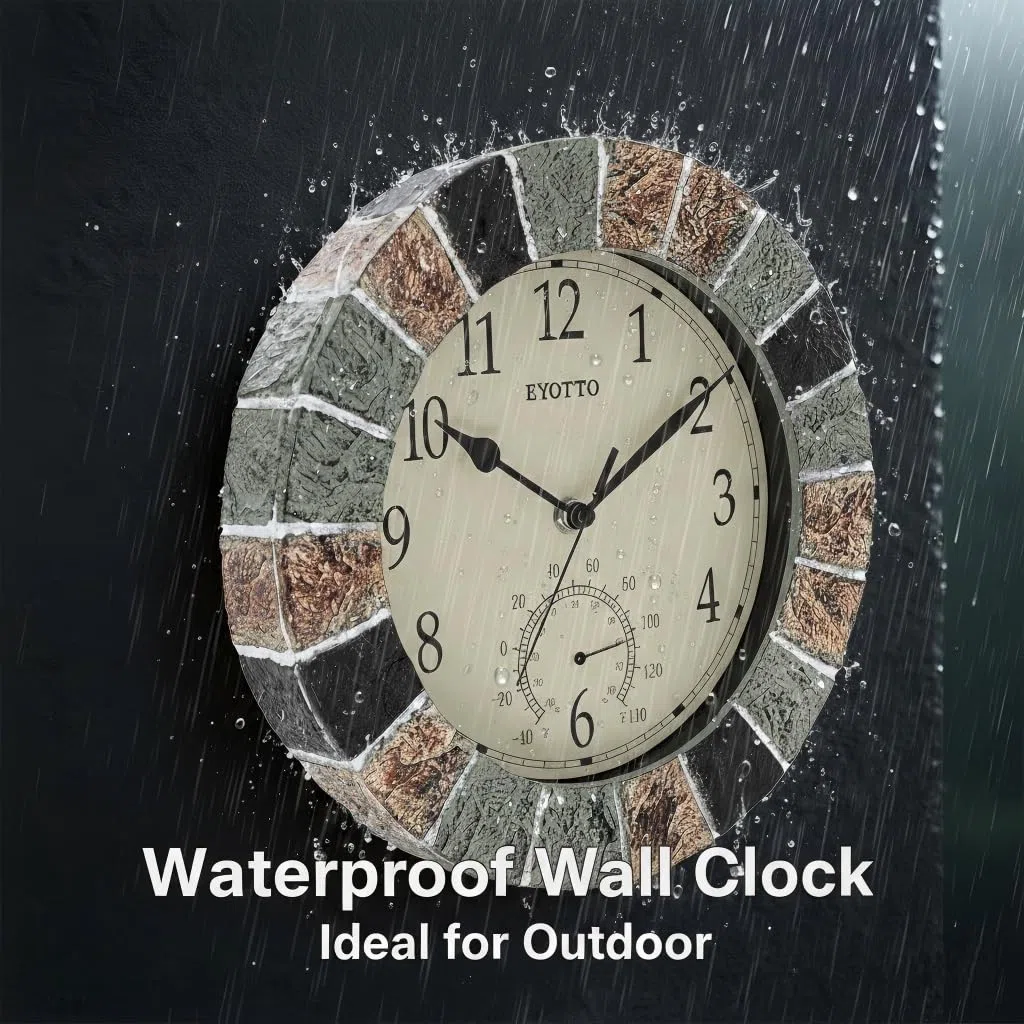 eYotto Horloge murale intérieur/extérieure de 25,4 cm avec thermomètre - Résistante aux intempéries, étanche, silencieuse - Pour terrasse, piscine, jardin, lanai, clôture, véranda, salle de bain