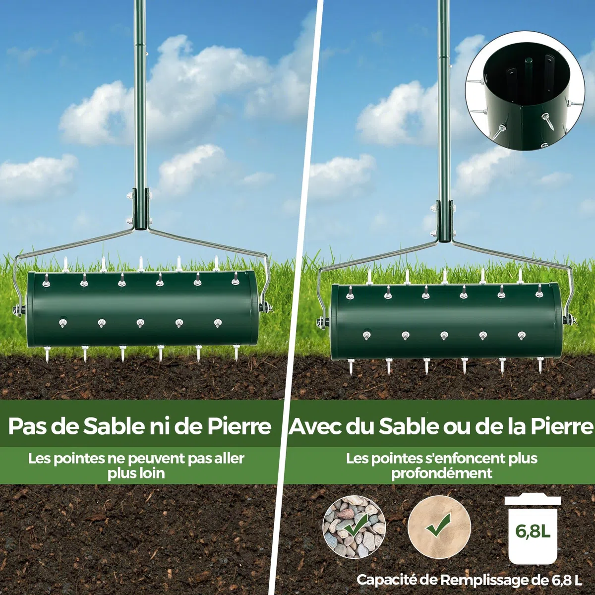 RELAX4LIFE Scarificateur Gazon Manuel 53CM avec Poignée &Rouleau à Pointes Rotatives, Rouleau Aérateur Gazon de Pelouse en Métal pour Jardin Cour Patio (6.8L | 53x130CM, Vert)