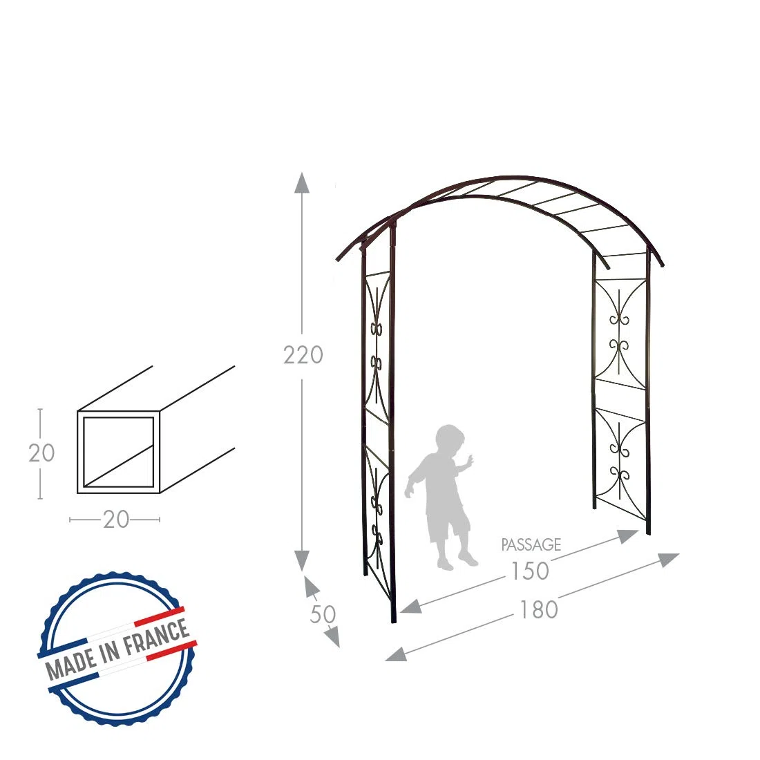 LOUIS MOULIN Arche Tube carré pour Plante grimpante Fer Vieilli 180 x 50 x 220 cm 3026 - Made in France
