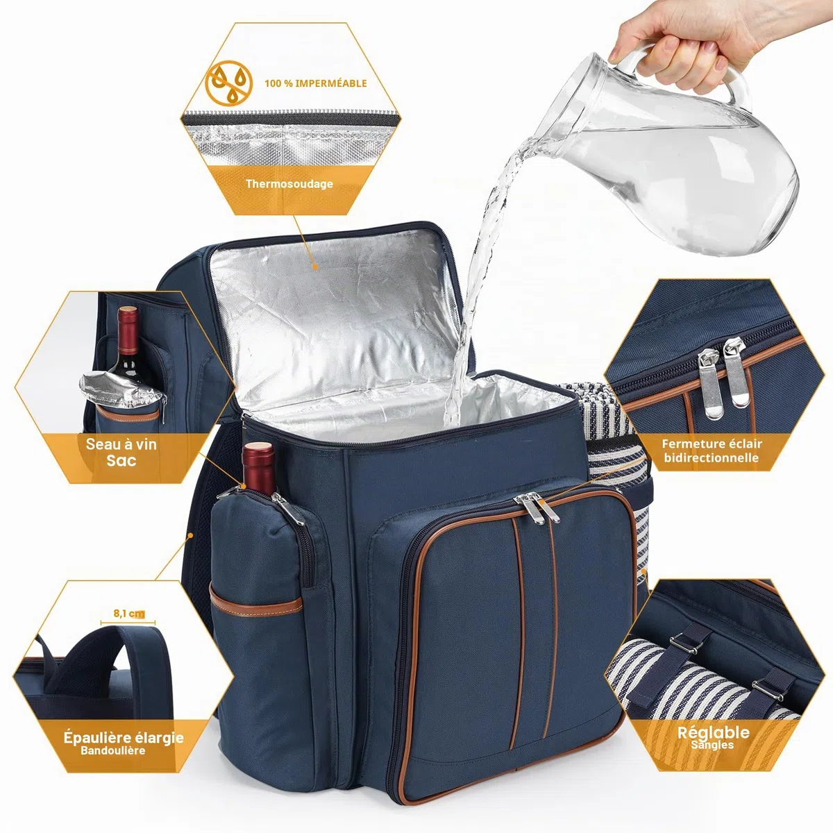 Sac à dos de pique-nique pour 4 personnes - Panier de pique-nique étanche - Sac à dos isotherme avec pochette isotherme pour vin - Couverture de pique-nique à double étage - Pour la plage, le camping