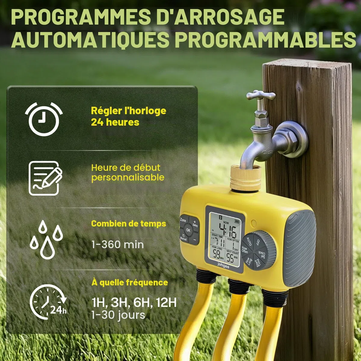 Johgee Programmateur Arrosage 3 Voies avec Entrée en Laiton, Minuteur Arrosage Automatique avec Retard de Pluie/Irrigation Manuelle, pour Serre, Pelouse et Jardin