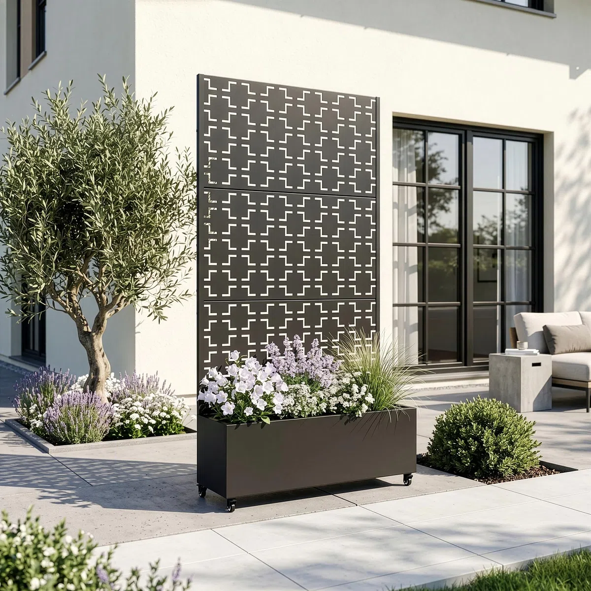 casa.pro Cloison de Séparation Aaskis 190 x 82 x 38 cm avec Bac à Fleurs Paravent Clôture avec Jardinière pour Extérieur Intérieur Jardin Terrasse Brise-Vue sur 4 roulettes Acier Galvanisé Noir