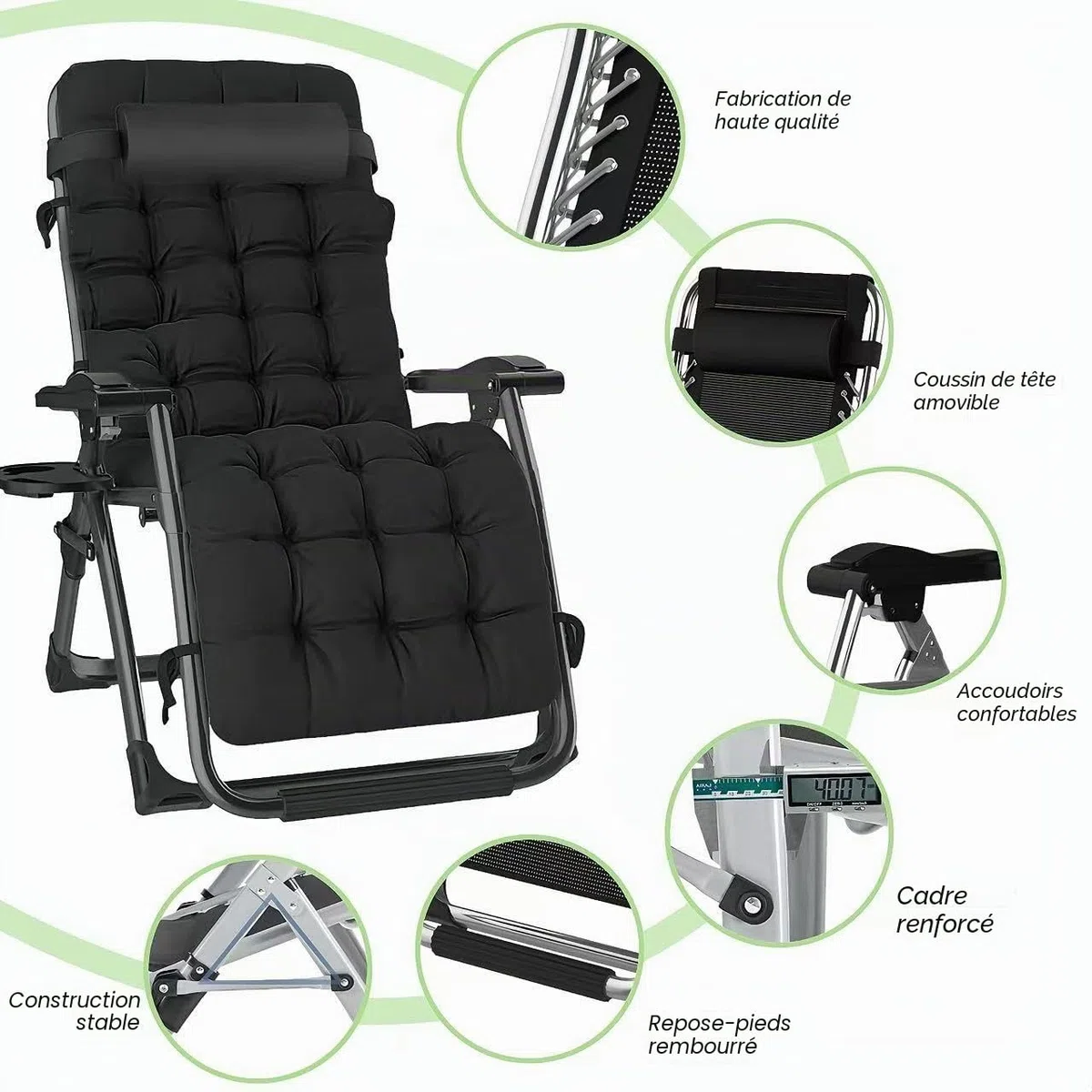 Chaise Longue Pliante Gravité Zéro avec Coussin Amovible & Appui-Tête Réglable, Cadre Acier Anti-Humidité, 65cm, Charge 200kg, Sac & Plateau Latéral Inclus, pour Jardin et Balcon, Noir*2