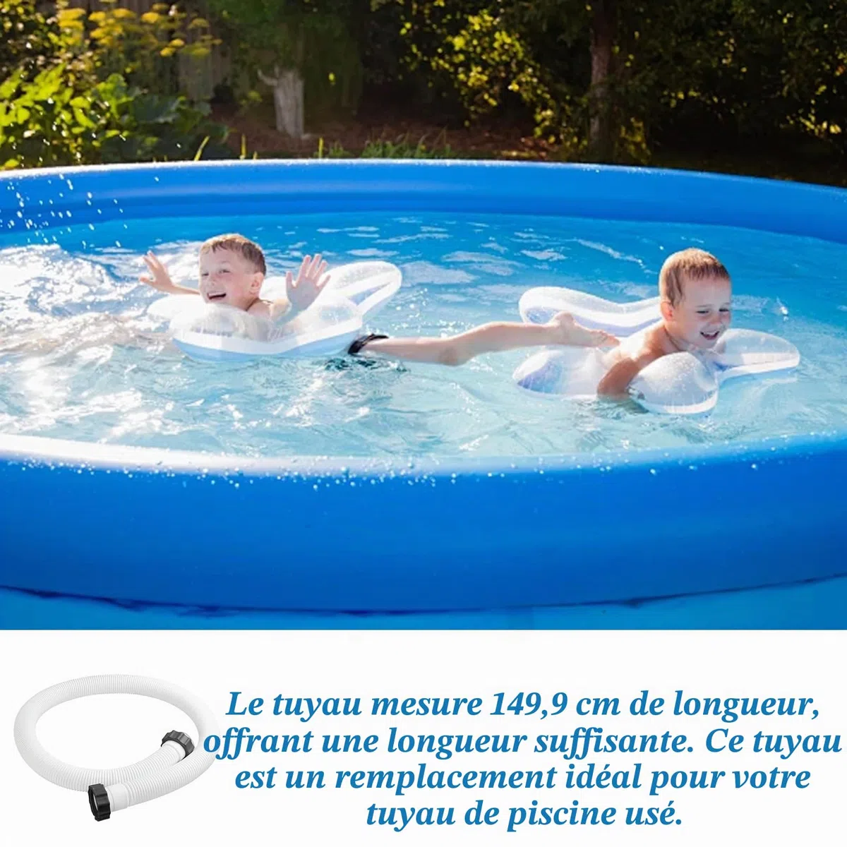 Lot de 2 tuyaux de piscine 38 mm, 150 cm, blanc, avec 2 adaptateurs B, tuyau pour pompe INTEX résistant aux UV et à l'eau chlorée