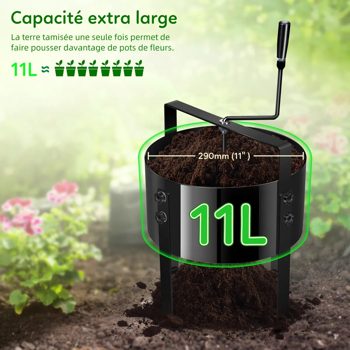 Tamis Rotatif Manuel amélioré pour Jardin, Tamis à Compost, Filtre à Mailles de 13 Pouces avec 4 Tamis interchangeables (3/6/9/12 mm), Tamis horticole, Tamis horticole Rotatif Moderne