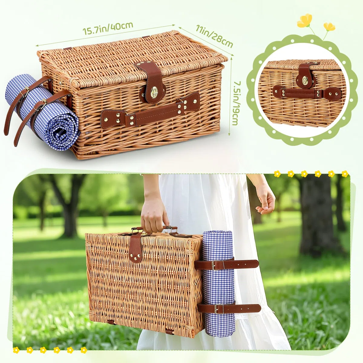 Panier de pique-nique pour 4 personnes, fait à la main, avec couverture de pique-nique, 4 ensembles d'ustensiles, couverts parfaits pour les pique-niques