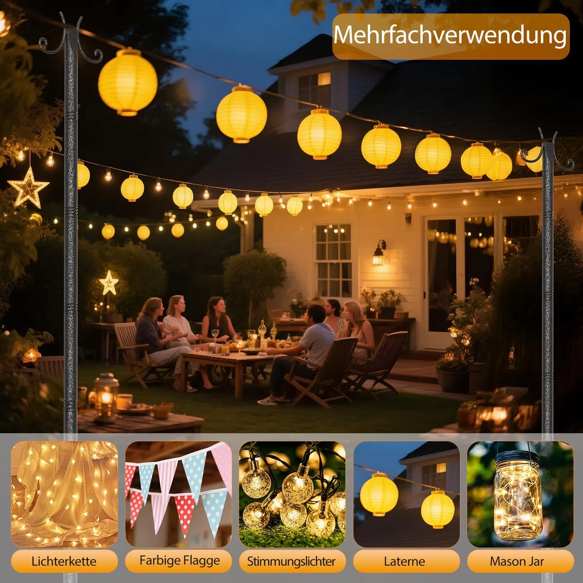 Lot de 2 crochets de jardin avec crochets de 305 cm en métal avec finition martelée, support de lanterne réglable en hauteur pour guirlandes lumineuses, lanternes, paniers à plantes, lampes solaires