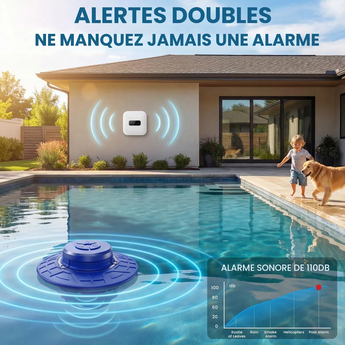 Alarme de piscine, alarme de sécurité flottante pour piscines creusées et hors sol, sirène de 110 dB étanche IP68, détection d'onde intelligente empêchant les fausses alertes, portée sans fil de 80 m