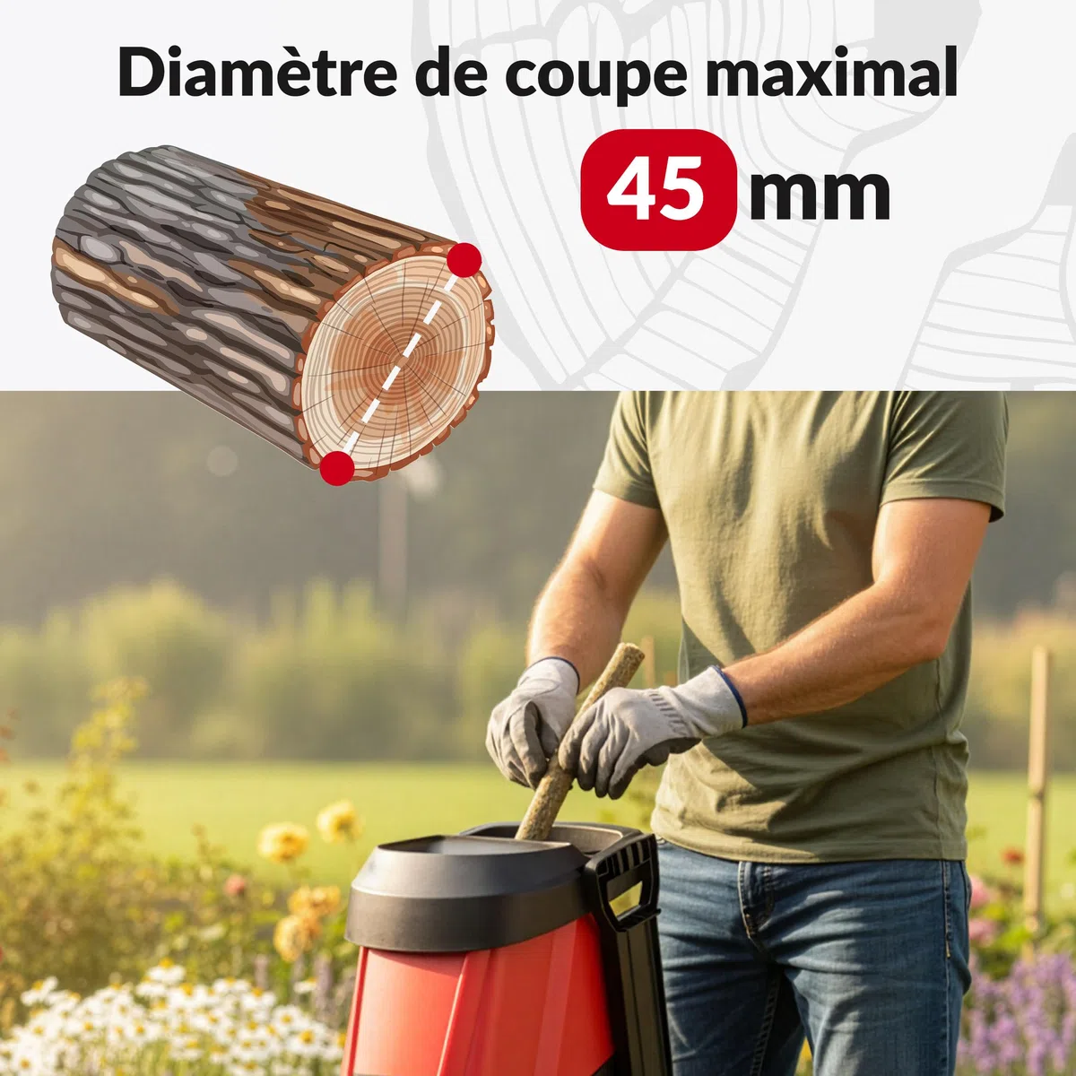 LEHMANN Broyeur Végétaux Électrique 3000 W, pour Branches jusqu'à 45 mm, Châssis robuste, Roues et Bac 50 L, Accessoires - Lunettes de Protection et Sécateur, Interrupteur de sécurité