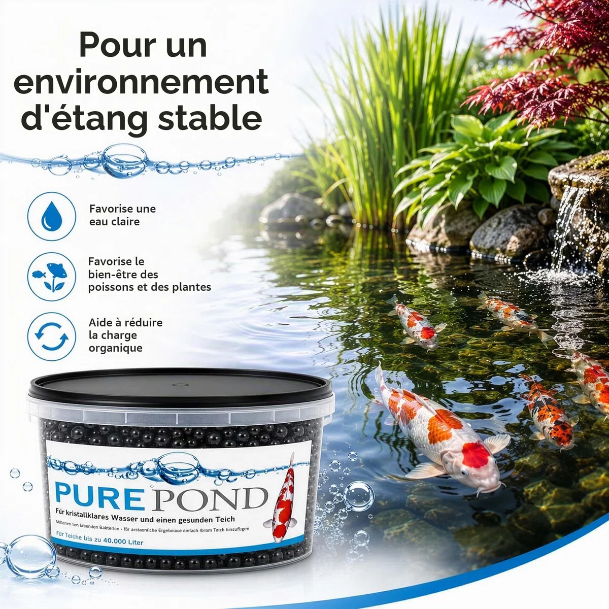 Evolution Aqua Pure Pond 2000 ML - pour 40000 litres - bactéries et enzymes - pour Filtre Eau Filtration Entretien Bassin Aquarium - régulation des valeurs Ammoniac et Nitrite - aquariophilie