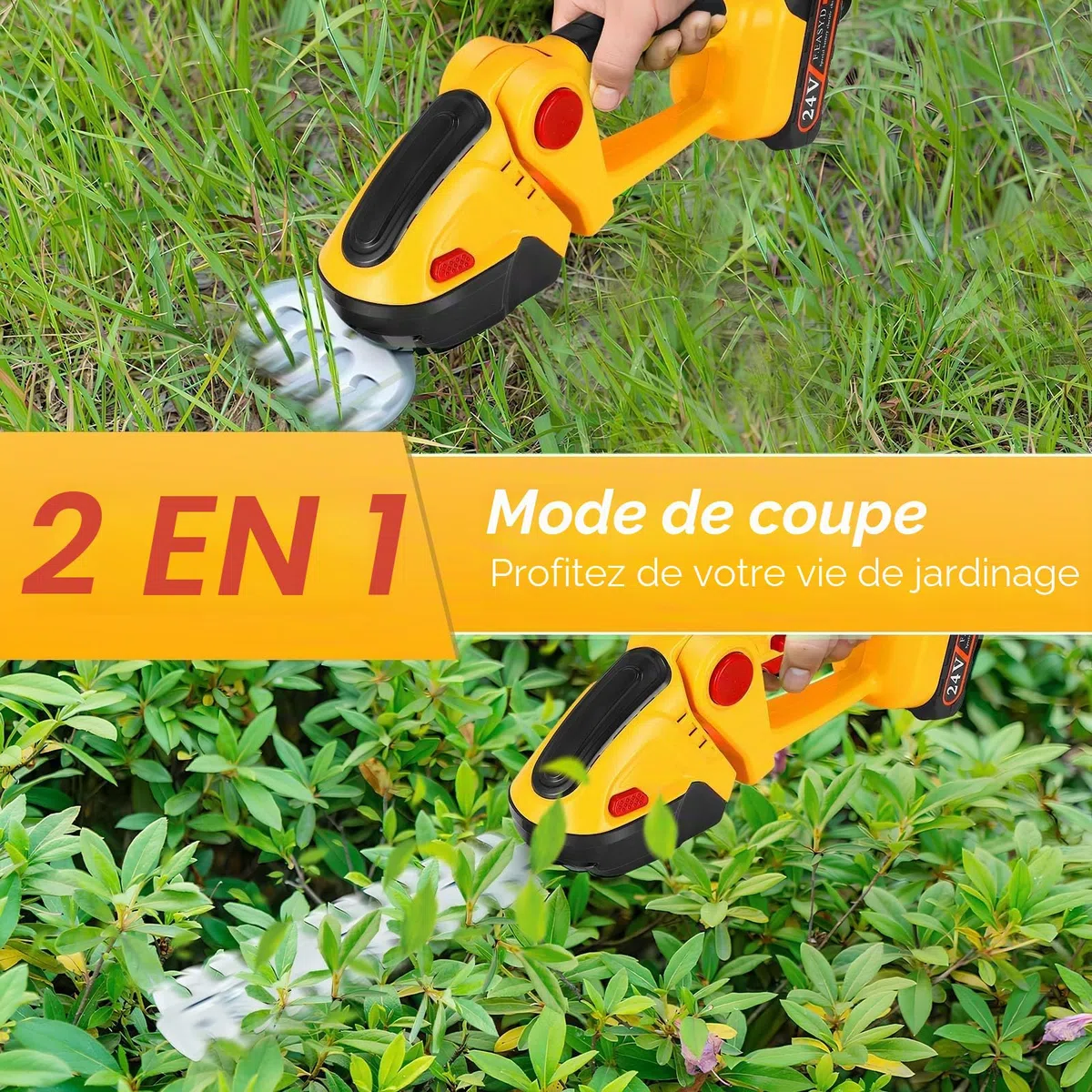 Cisaille à Gazon sans Fil, 2 en 1 Taille Haie Electrique avec 2 Lames, Longueur de Lame : 22 cm (Arbustes) / 13,2 cm (Herbe), Batterie 1500mAh et Type C, Sculpteur de Végétaux pour Couper Les Haies