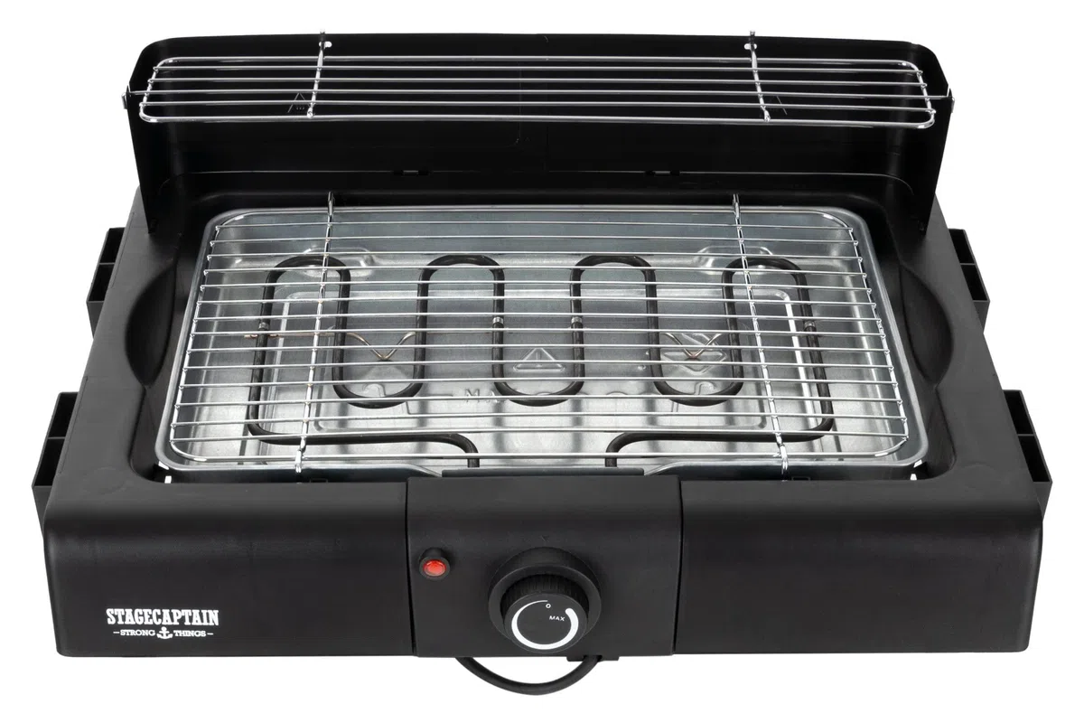 Stagecaptain EBBQ-2000 Grill Électrique 2000W 3en1 - Table/Pied, Grille & Plaque, Intérieur/Extérieur, Antiadhésif, Bac à Graisses, Réglage Continu.