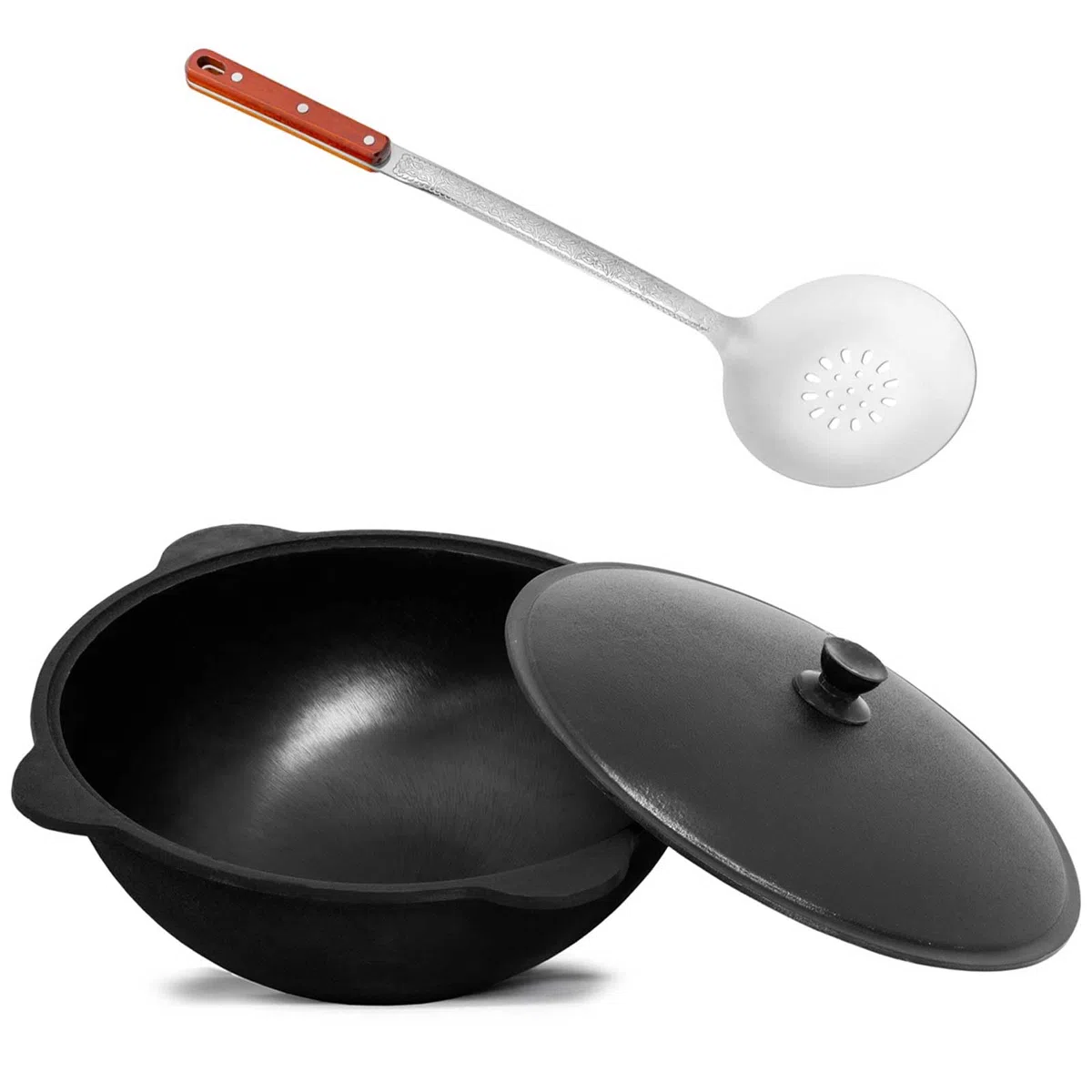 Kazan Wok en fonte 8 l (fond rond) avec louche à mousse Namangan Uzbek Kazbek Asia Wok Cast Iron Casserole Camping Usbek avec couvercle en aluminium