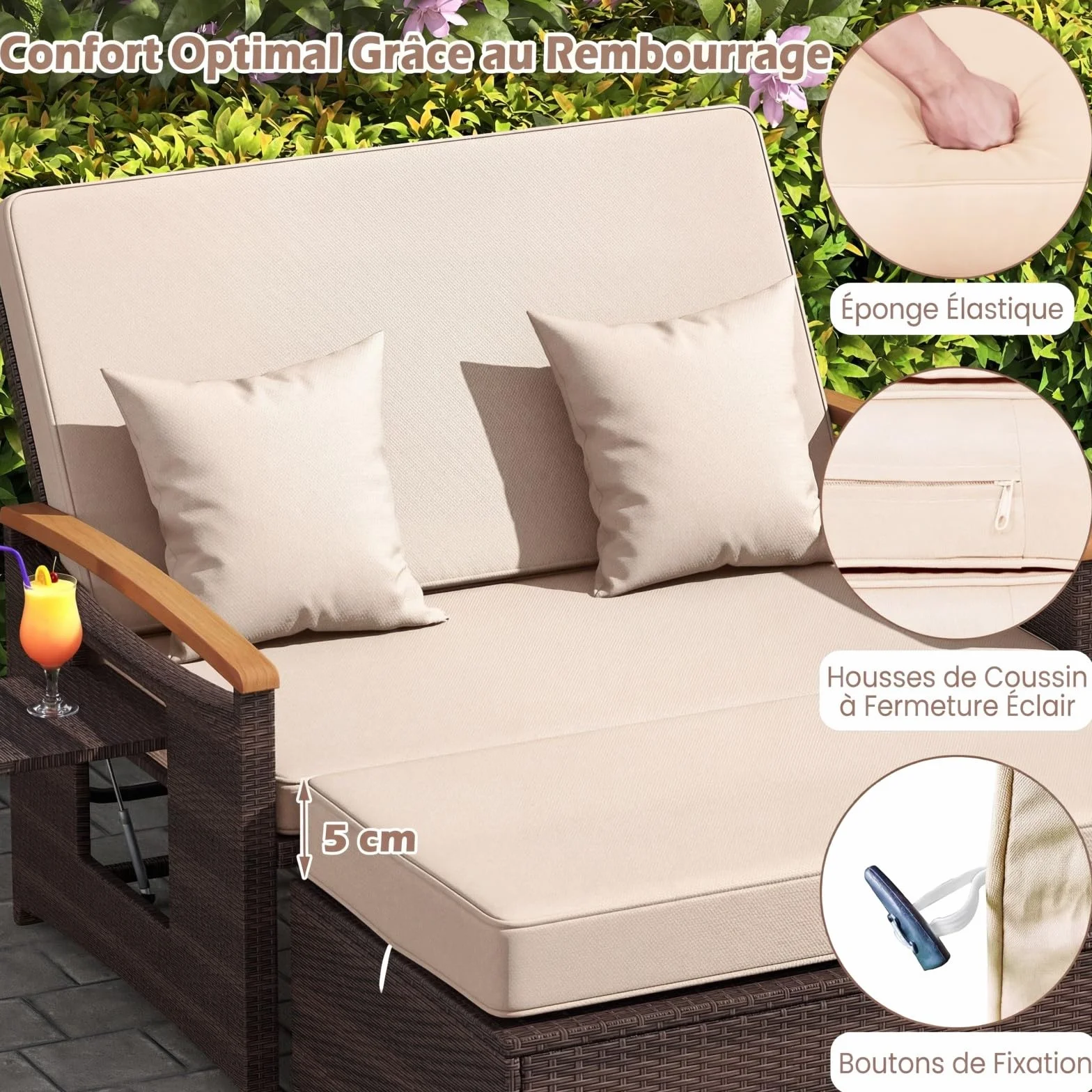 COSTWAY Salon de Jardin en Rotin avec Ottoman de Rangement, Bain de Soleil avec Plateau Latéral Rétractable Dossier Réglable sur 4 Niveaux, Canapé à 2 Places pour Jardin Patio Piscine (Marron+Beige)