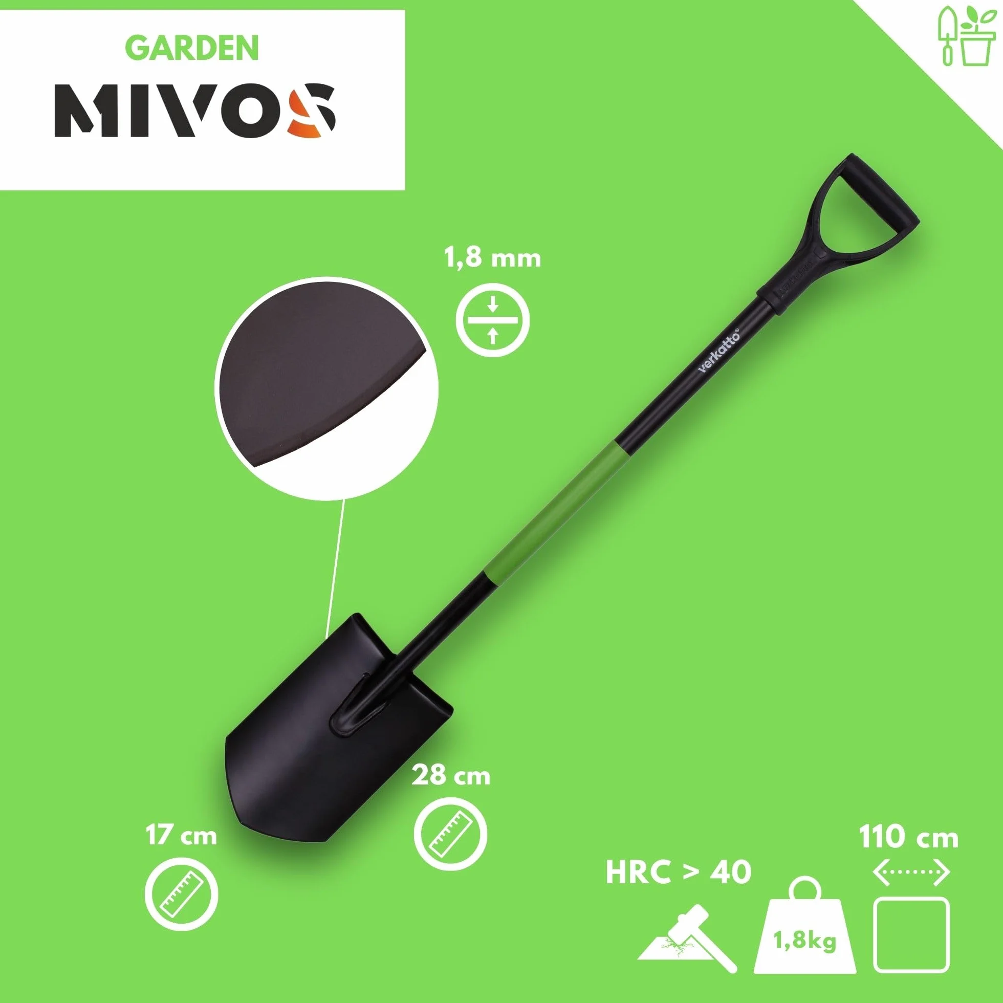 Mivos Petite pelle pointue - Mini pelle pointue pour le jardinage et la construction - Bêche courte - Bêche pionnière
