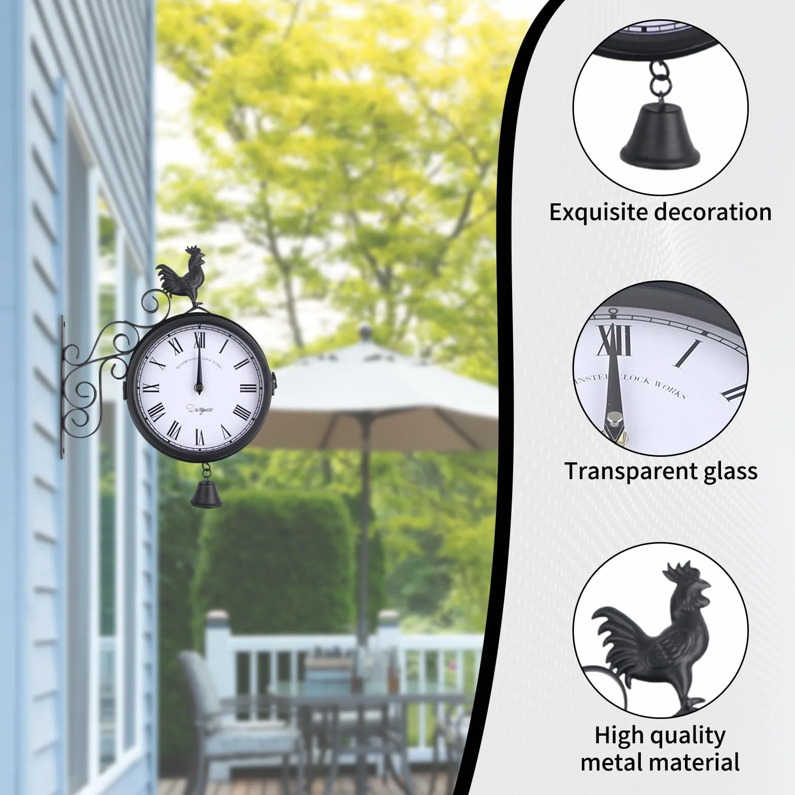 Horloge de jardin - Horloge de gare - Montre Résistante aux intempéries - Design double face - Étanche - 20 cm - Rétro - Avec support mural - Pour jardin, couloir, véranda, gare - Noir
