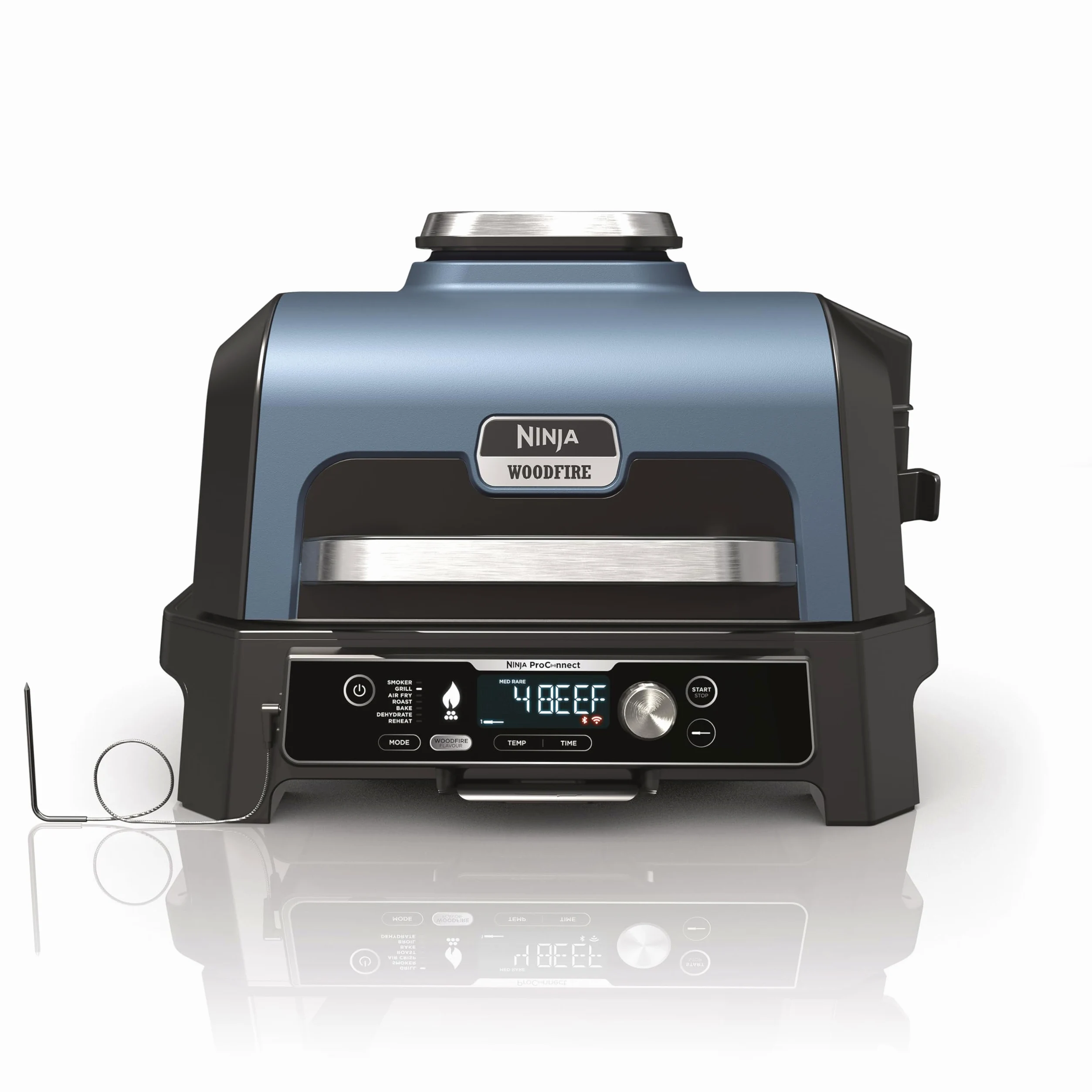 Ninja Woodfire Pro Connect XL Grill électrique pour barbecue et fumoir avec contrôle d'application, 2 sondes numériques, support pour côtes, couverture, revêtements et brosse de nettoyage