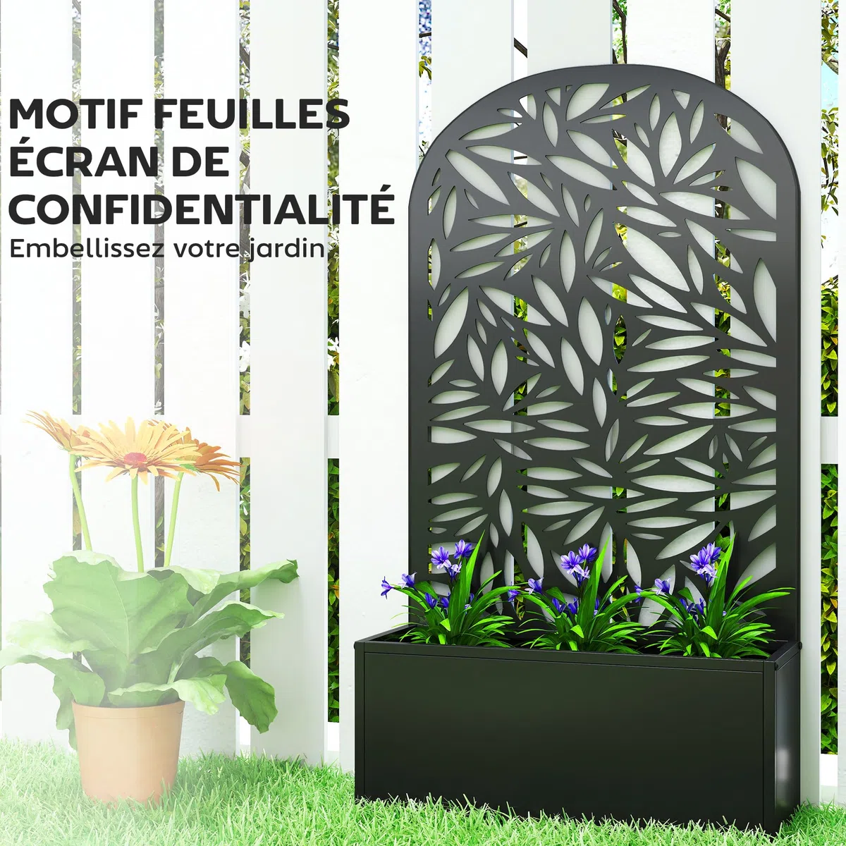 Outsunny Jardinière avec Treillis, Bac à Fleurs Métal, 61x23x113cm Noir | Lit Surélevé avec Brise-vue Découpé en Feuilles, Fixation Mur ou Sol, pour Plantes Grimpantes, Légumes, Fleurs