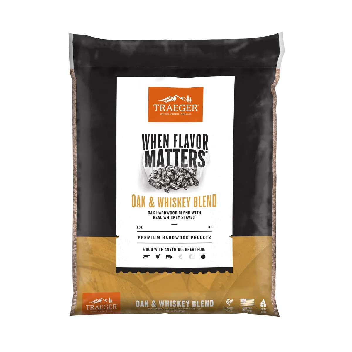 Traeger Grills Mélange de chêne et de Whisky 100% granulés de Bois Naturel pour fumoirs et Grills à granulés, Barbecue, Cuisson, rôti et Grill, Sac de 8,2 kg