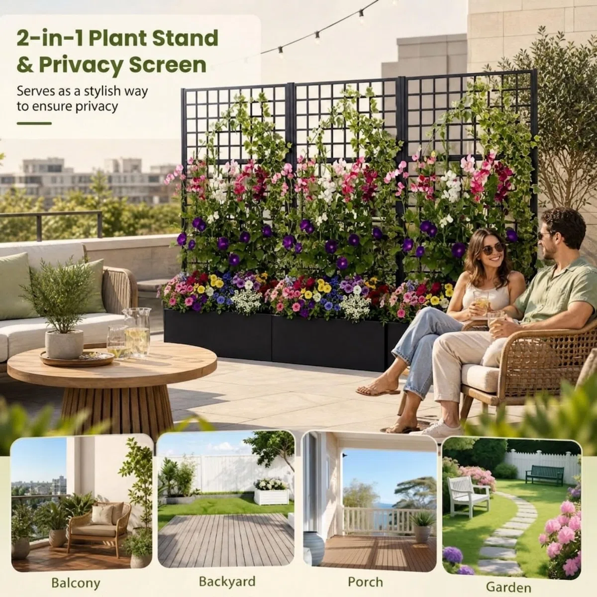 HOMASIS Jardinière avec Treillis en Métal (Rectangle, 90 x 40 x 180 cm) | Bac à Fleurs Surélevé Trous de Drainage pour Plantes Grimpantes, Jardinière Brise-Vue Extérieure