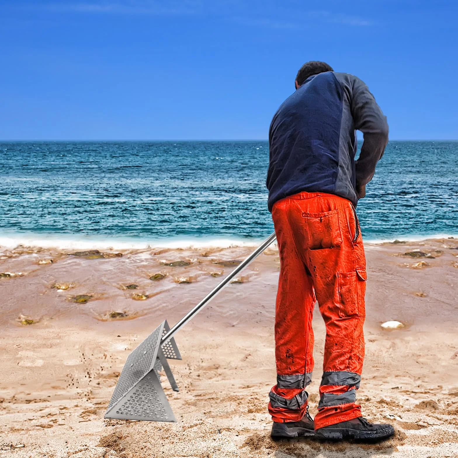 PEUTIER Râteau à Sable, râteau de Plage Durable avec tête en Acier Inoxydable et poignée en Plastique, Facile à Installer, Panier Large, Outil de Nettoyage de Plage Pratique