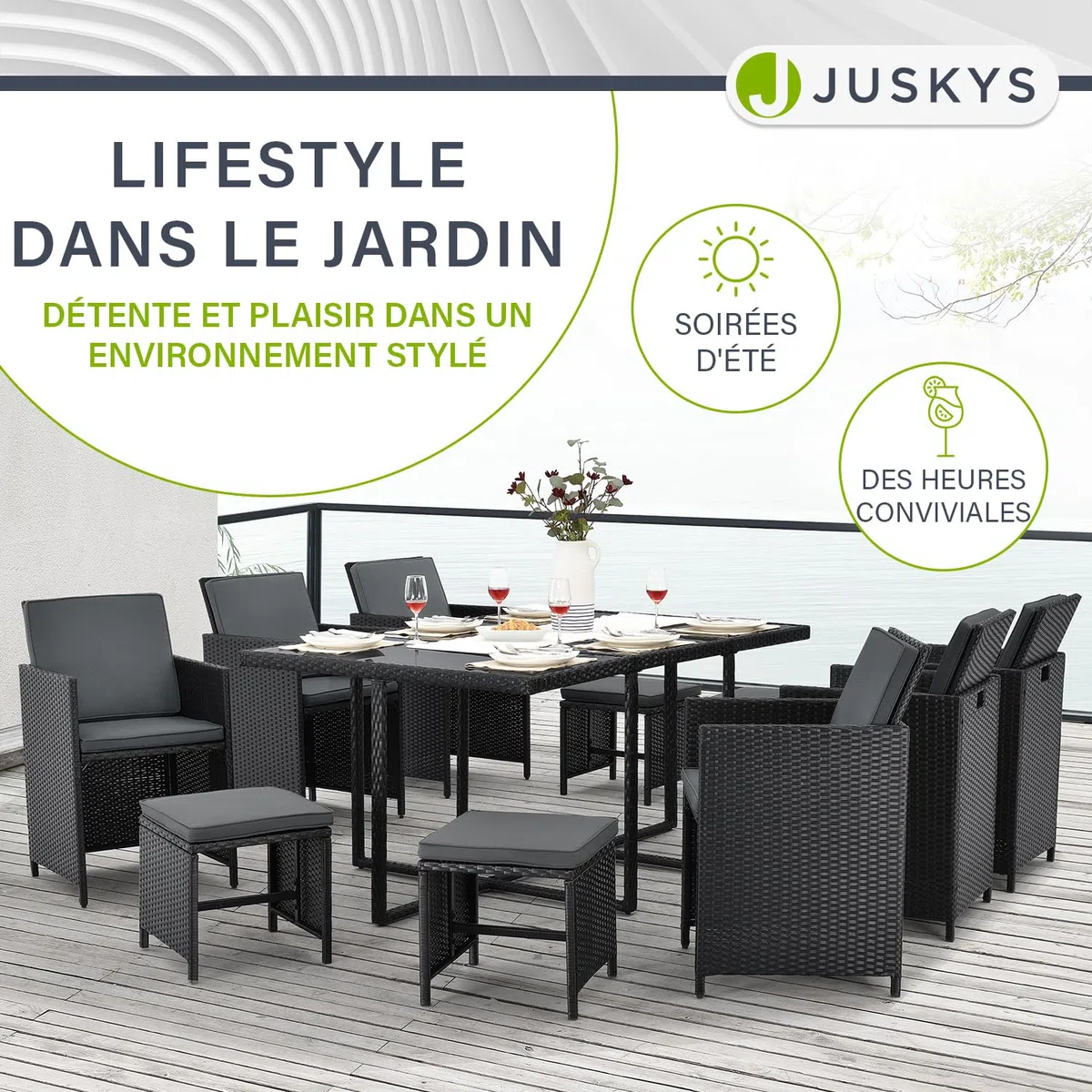 Juskys Groupe de sièges en polyrotin Baracoa XL 11 pièces résistant aux intempéries et empilable - Ensemble de mobilier de Jardin avec 6 chaises, 4 tabourets et Table - Noir, 10 Personnes