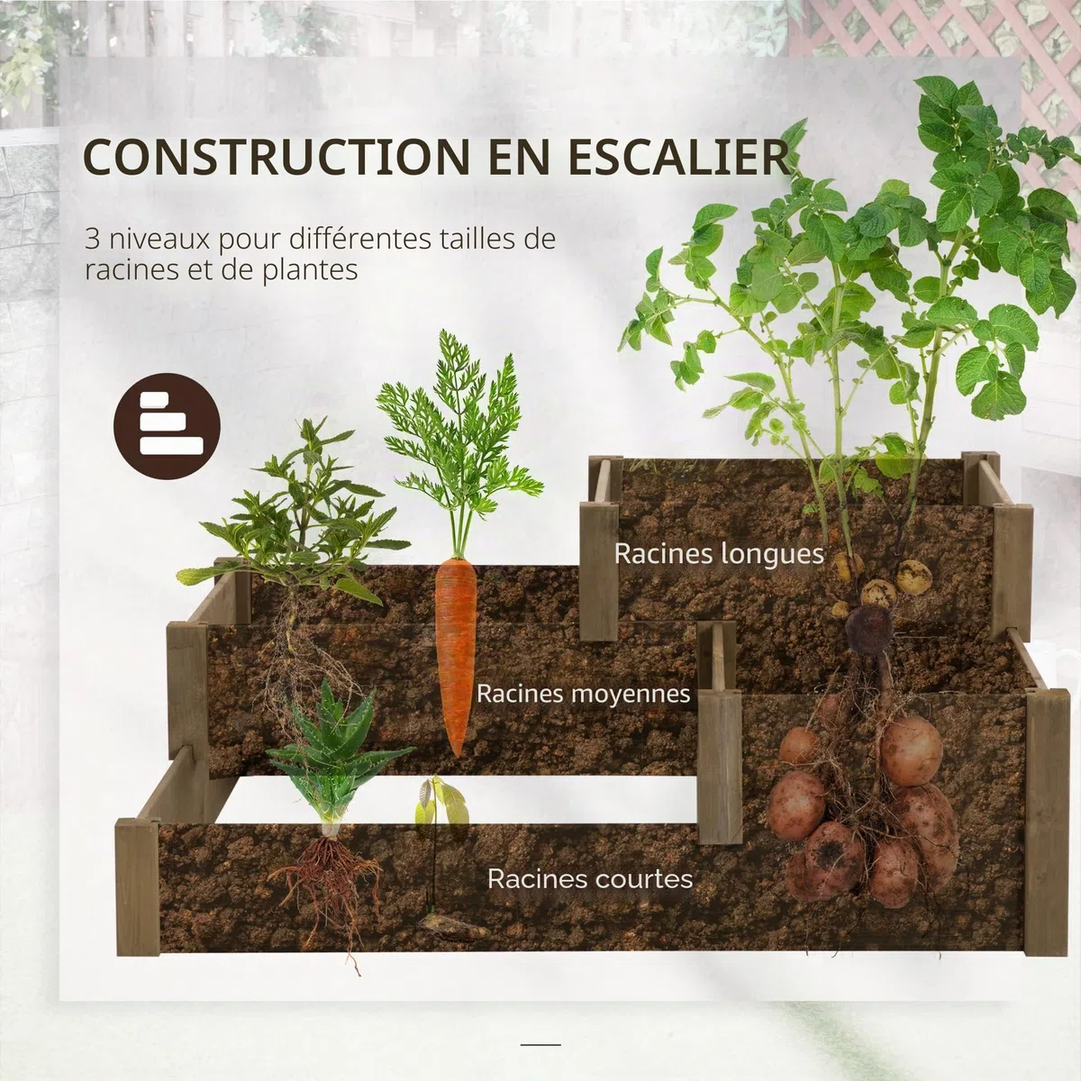 Outsunny Bac à légumes surélevé Bac à fleurs avec 3 niveaux, bac à plantes pour herbes aromatiques sur la terrasse et le balcon, bois de sapin, brun, 122 x 122 x 51 cm