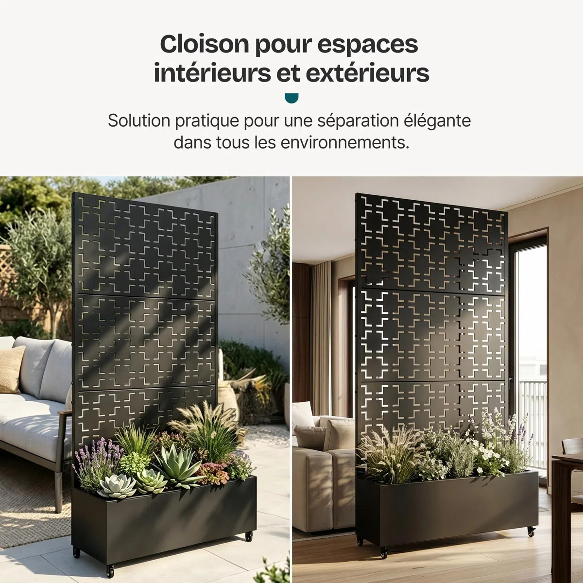 casa.pro Cloison de Séparation Aaskis 190 x 82 x 38 cm avec Bac à Fleurs Paravent Clôture avec Jardinière pour Extérieur Intérieur Jardin Terrasse Brise-Vue sur 4 roulettes Acier Galvanisé Noir