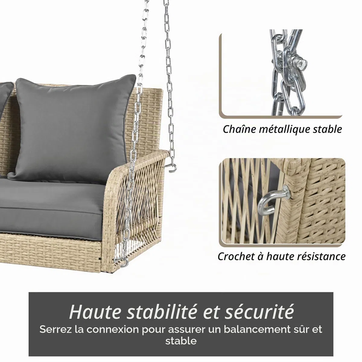 BTM Balancelle de Jardin 2 Places avec Coussins Gris Amovibles, Balançoire Suspendue de Jardin en Rotin, Balançoire Hollywoodienne avec 2 Chaînes en Métal, Chaise hamac Suspendue, Beige