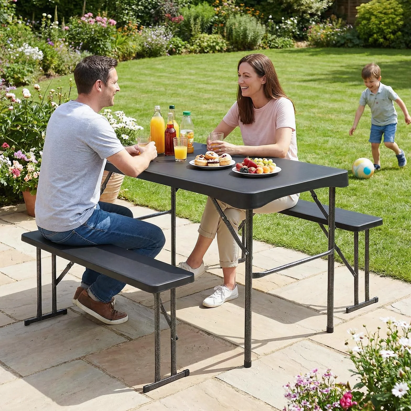 Sekey Ensemble de tentes à bière Pliables en Plastique - 113 x 61 cm - avec 2 bancs pour 4 Personnes - Ensemble de chapiteau pour l'intérieur et l'extérieur - Table à bière de Jardin (Noir)