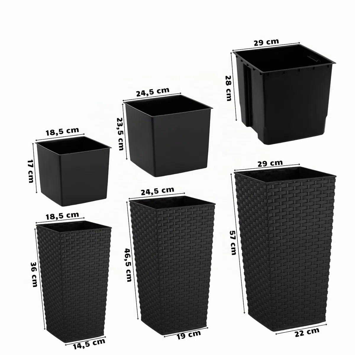 Ensemble de Pots de Fleurs avec Insert, Noir 57 cm | Pots de fleurs en 3 tailles : 37/47/57 cm, Aspect rotin et plastique recyclé, Pour la maison et le jardin
