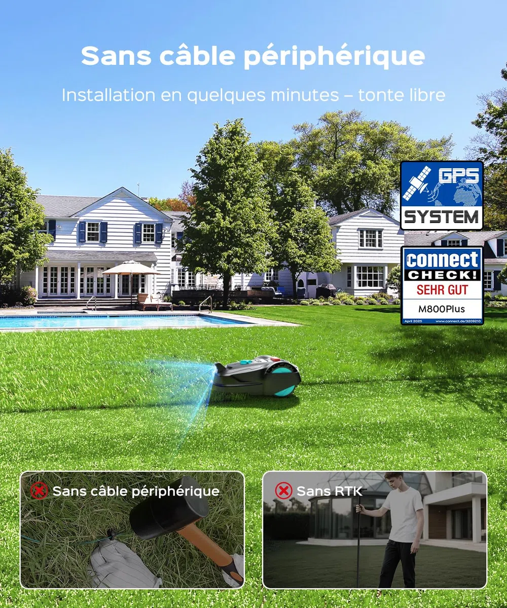 YARDCARE M800Plus Robot Tondeuse sans Fil Périphérique, Jusqu’à 800 m², Coupe en U, GPS + Vision IA, Contrôle Via App, Évitement de 150 Obstacles（Noir et Bleu）