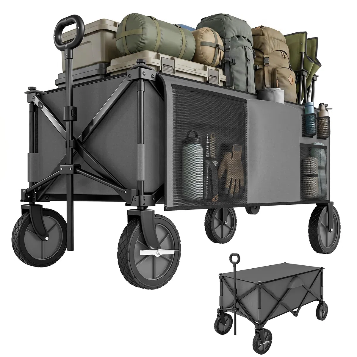 Outsunny Chariot de Plage Pliable 4 Roues, 108 x 55 x 93 cm Gris Foncé | Chariot de Transport, Bâche Amovible, Poignée Télescopique, Inclinaison Réglable, Plateau Pliable, 5 Sacs de Rangement