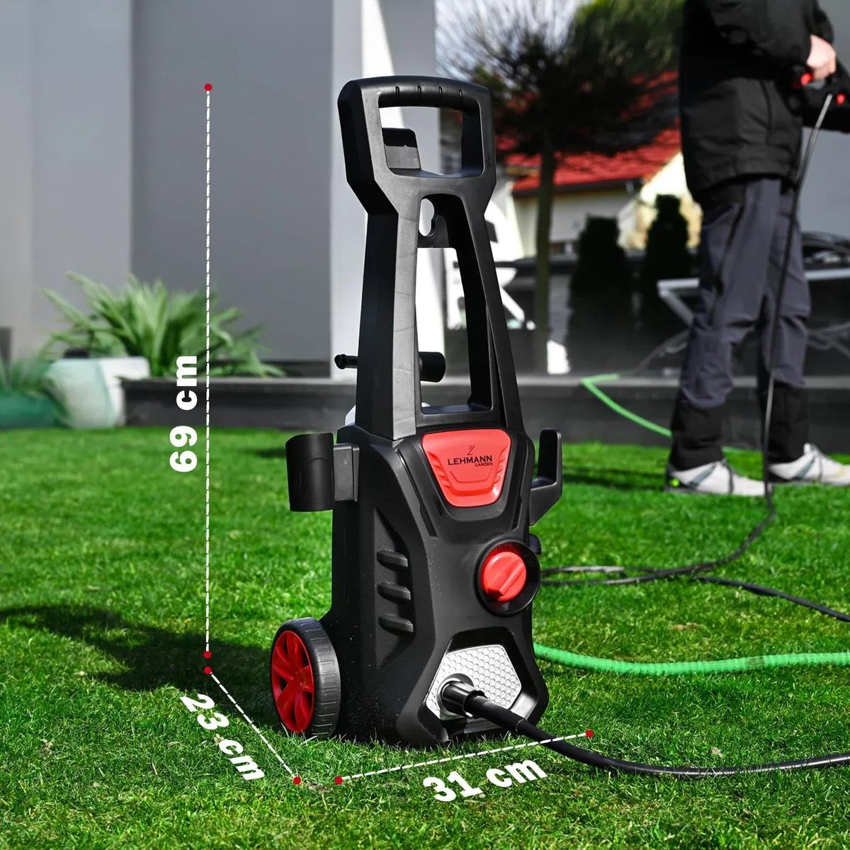 LEHMANN Jukon Nettoyeur Haute Pression, 1600 W, Max. 200 Bar, Débit 480 l/h, Tuyau 5 m, Pompe en Aluminium, Buse réglable & rotative, Lance à Mousse, Idéal pour Maison, Jardin, Terrasse, Voiture