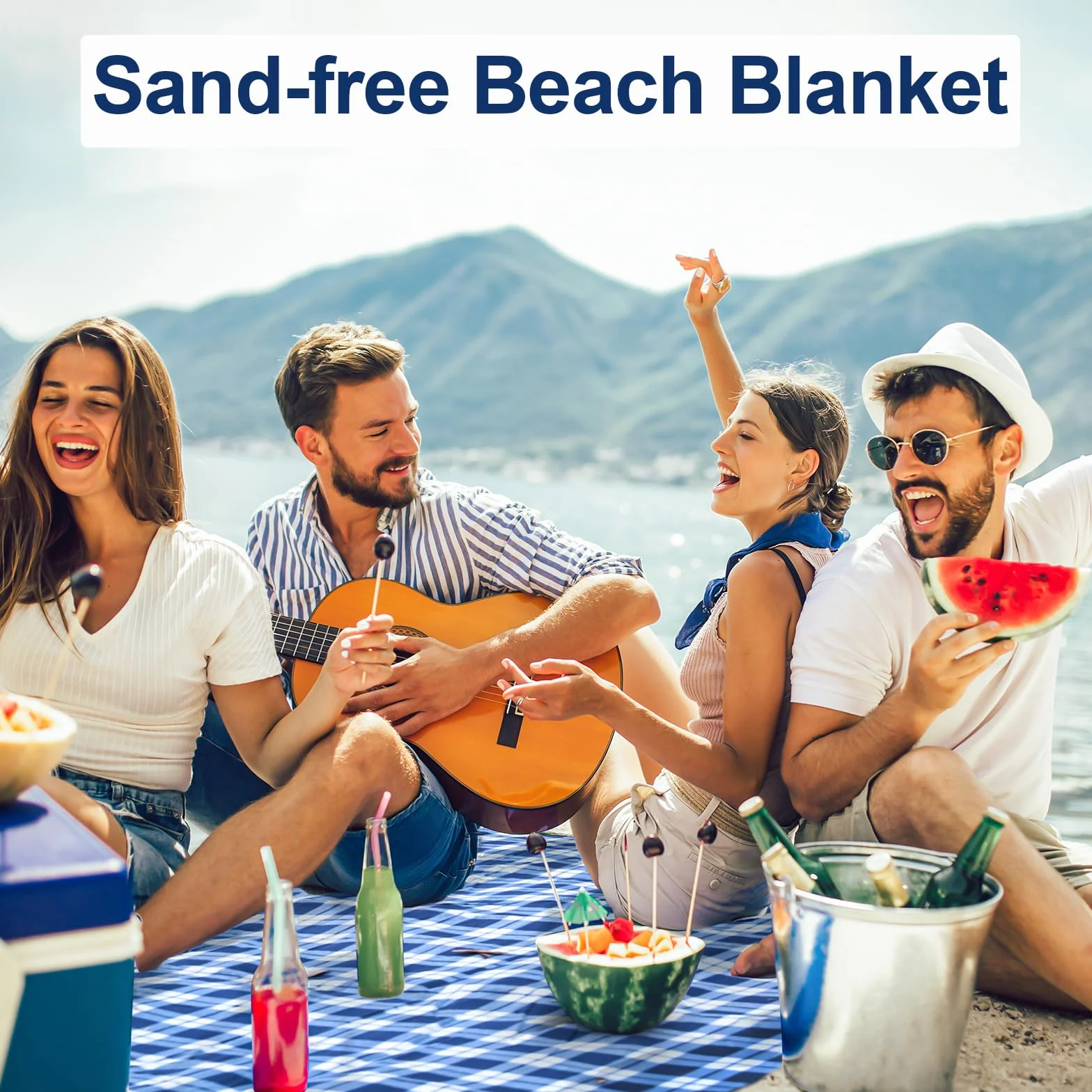 Couverture de Pique-Nique - 300 x 300 cm - Imperméable - sans Sable - Lavable - XXL - Pliable - avec bandoulière - Idéale pour la Plage et Le Parc (Grille Bleue et Blanche)