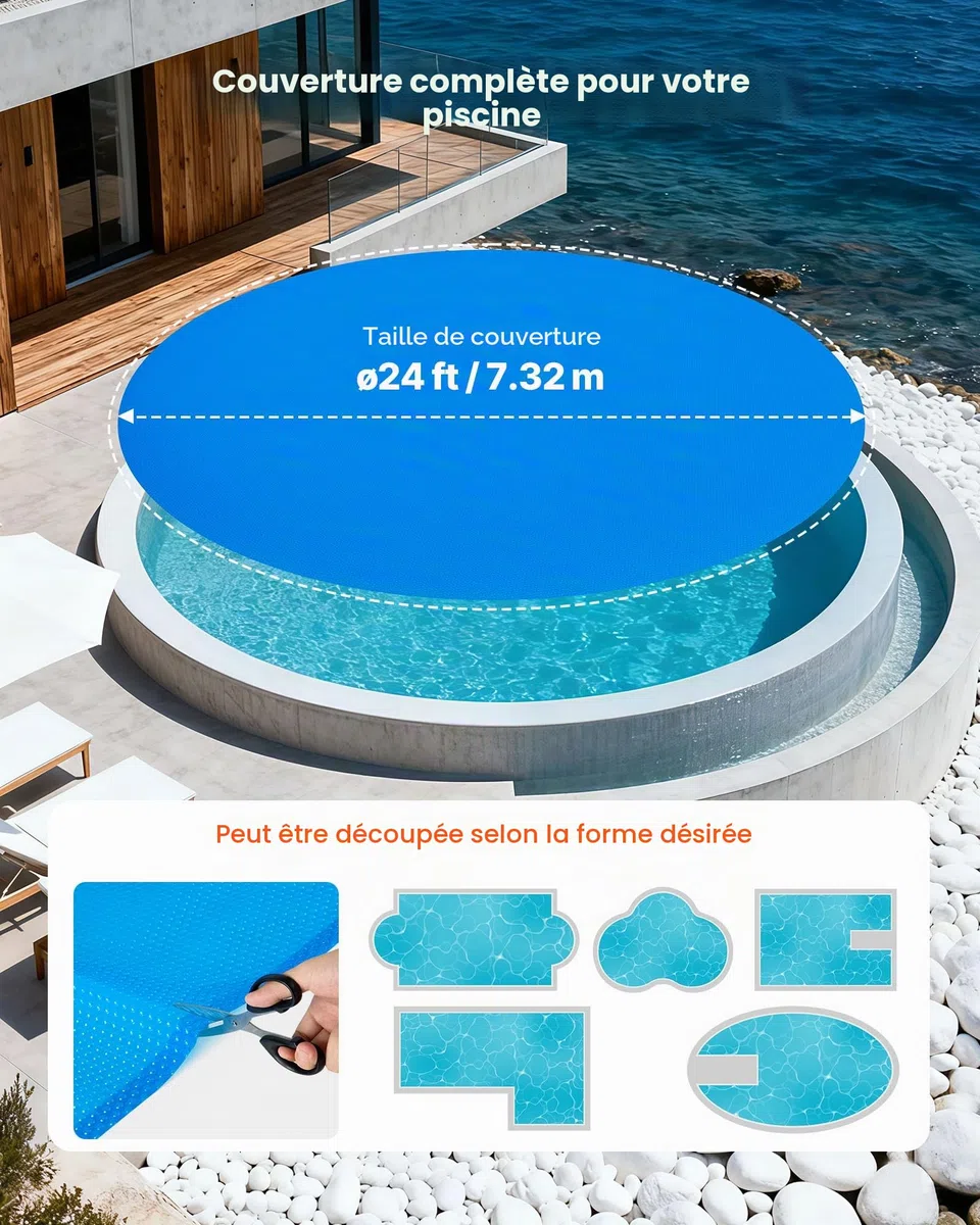 VEVOR Bâche Solaire Piscine Ronde 7,3 m Couverture Solaire Piscine 0,4 mm Bâche à Bulles en Polyéthylène PE pour Piscines Hors Sol Creusées, Absorption de Chaleur Jour et Rétention Chaleur Nuit, Bleu