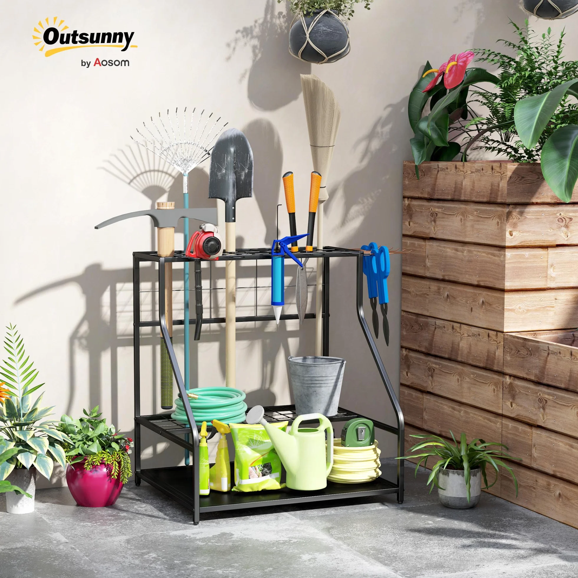 Outsunny Organiseur d'Outils avec Crochets, Support de Garage à 3 Niveaux pour Sécateurs, Pelles, Râteaux, Jardin et Garage Orange